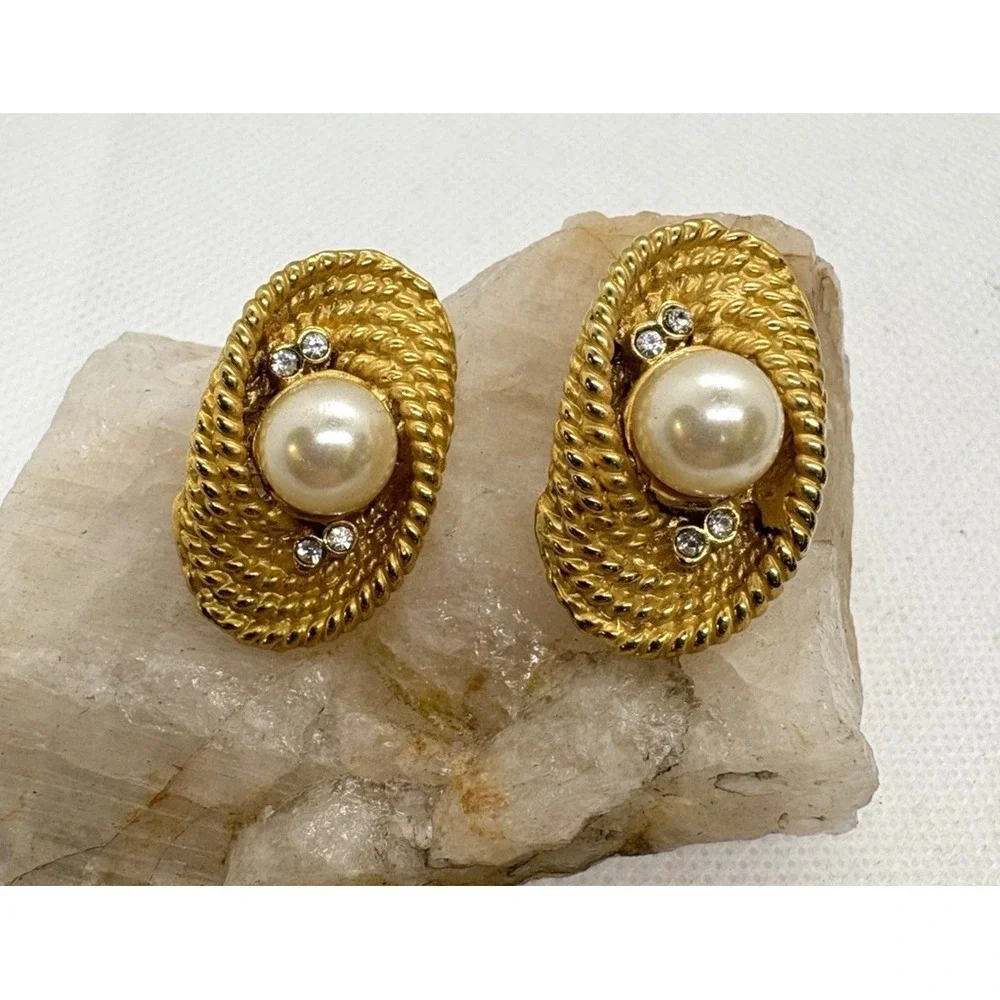 Vintage Gold Tone Clip-On Earrings Faux Pearl & Rhinestone Accents Textured Rope